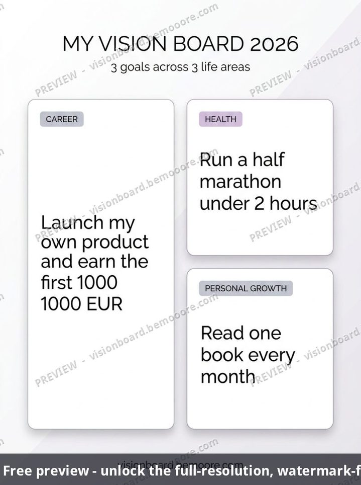 AI-generated vision board with career, running and reading goals, shown as the free watermarked preview